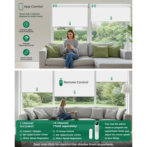 Allesin Motorized Blinds with Remote | Automatic Blackout Roller Shades, Easy Install & Smart Control Electric Blinds for Home Office, Living Room (White 36 W x 72 H)