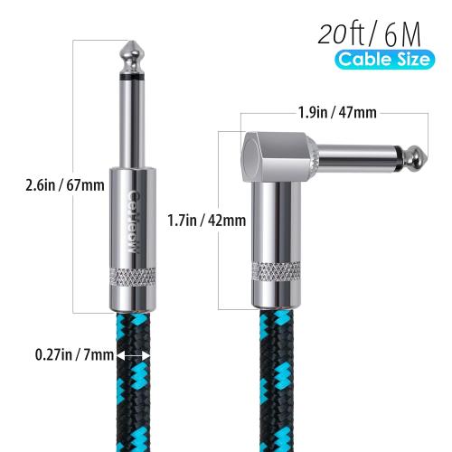 Guitar Cable 20ft Right Angle Guitar Amp Cord 1/4 Inch Instrument Cable with Braided Tweed and Anti-Kinking Design for Guitar Bass Amp, Black & Blue