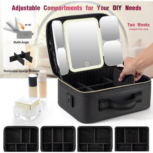 Mid-Size Makeup Bag with LED 1X5X10X20X30X Magnifying Mirror and Travel Makeup Train Case Cosmetic Organiser with Mirror and Separate Makeup Brush Panel, Portable Adjustable Divider, Black