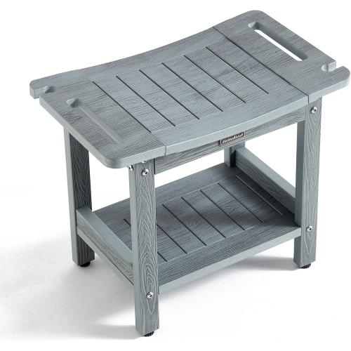 HDPS Shower Bench for Inside Shower, Gray Waterproof Shower Stool for Shaving Legs, Poly Lumber Shower Chair Seat with Handles & Shower Head Holder, Bathroom Shower Foot Rest Stool with Storage Shelf
