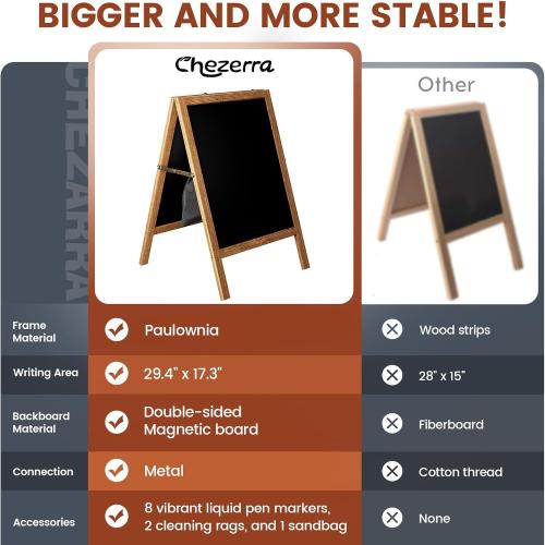 40x20 Brown Frame A Frame Chalkboard Sign, 40x20 Extra Large Sidewalk Chalk Board, Wooden Standing ChalkBoards Set with Markers, Double-Sided Magnetic Blackboard for Cafés, Weddings, Party Guide, Brown