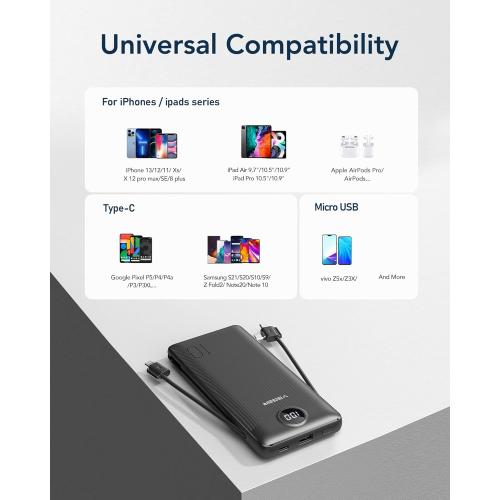 VEGER Portable Charger with Built-in AC Plug and Cables, All in One 10000mAh Ultra Slim Power Bank Travel Essentials, Fast Charging Battery Pack Compatible with iPhone, Samsung, Android (White**)