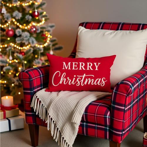PANDICORN Merry Christmas Throw Pillow Cover 12x20, Red Lumbar Decorative Cushion Case for Couch Sofa Holiday Decor, Classic Christmas Pillow Covers Decoration for Home