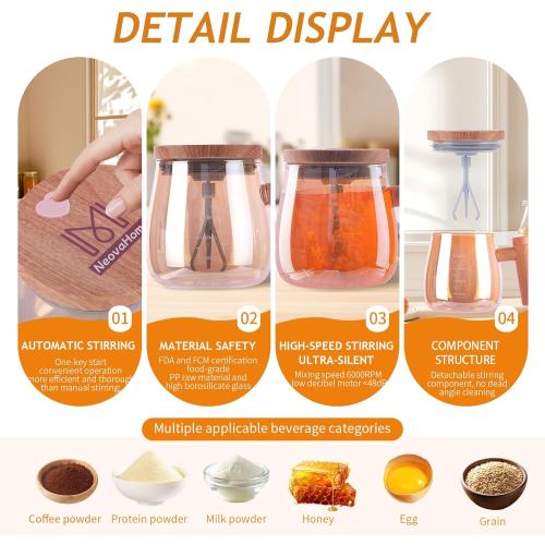 Self Stirring Coffee Mug, 400ml 6000 RPM Electric Mixer Cup, Heat-Protection Glass Coffee Blender with Lid, 48 dB , for Home/Office, Creative Gift (Champagne gold glass  light wood grain handle)