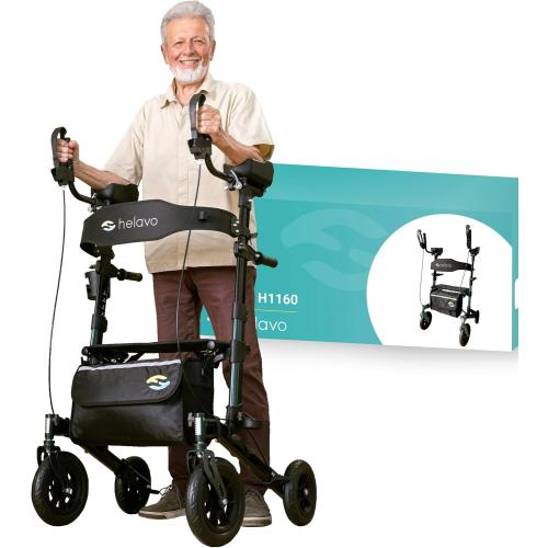 Helavo All Terrain Upright Walker with Flat-Free Solid Rubber Tires - Outdoor Stand Up Walker for Seniors - Tall Standing Rollator with Seat