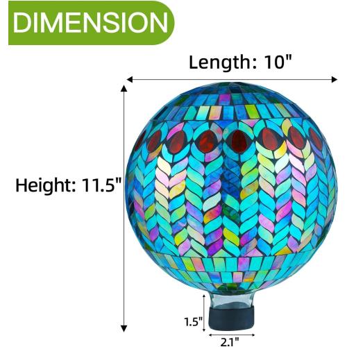 VOREEN Mosaic Gazing Ball, 10 Handmade Glass Reflective Garden Globe, Outdoor Yard Patio Lawn Decoration Sphere, Peacock Feather Design, Blue