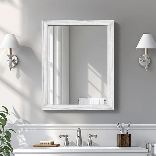 White Wood Effect Framed Wall Mirror, 16x20 Rectangle Mirror, 1/8 Anti-desilvering Tempered Glass, Sustainable& Sturdy Frame, Anti-Rust, HD Reflection &3min Fast Setup for Bathroom Living Room