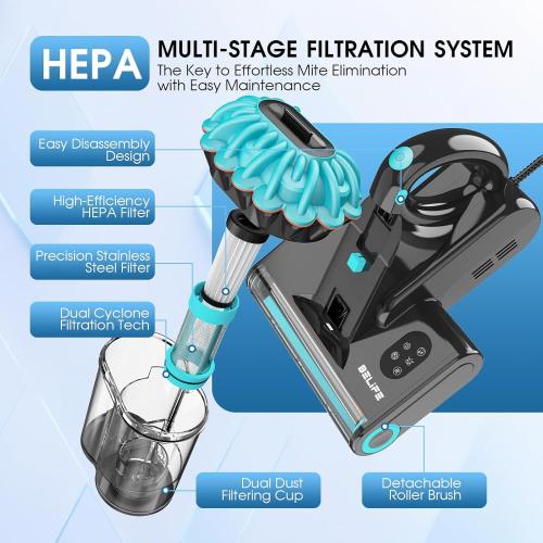 Belife M8 Mattress Vacuum Cleaner, Anti-allergen Bed Vacuum Cleaner with UV & Hot Air & High Heating, 550W 18Kpa Powerful Suction Double-Cup Handheld Vacuum for Bed, Couch, Sofa, Corded (Blue)