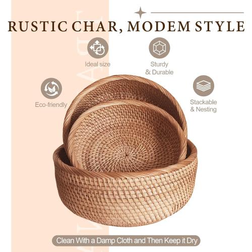 9.2 Medium Round Rattan Wicker Bread Basket, Natural Fruit Basket for Kitchen Counter, Hand Woven Food Baskets, Artisanal Bread Baskets for Serving, Fruit, Vegetable, Snack, key, Etc.