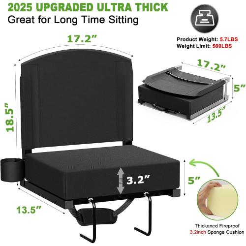 2 Pack, Black Stadium Seats with Back Support, Portable Bleacher Seat for Bleachers Hold up 400lbs, Wide Bleacher Seat with Shoulder Strap & Handle Perfect for Sports Events (Black, 2pcs)