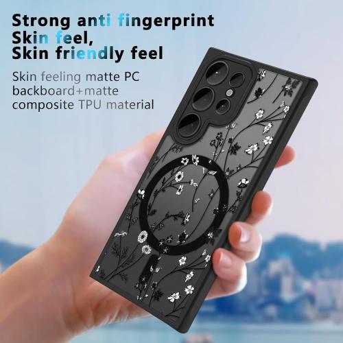 Magnetic Case for Samsung Galaxy S24 Ultra [Compatible with MagSafe] Black Flower Floral Case for Women Girls Soft TPU Bumper Hard PC Anti-Fall Shockproof Protective Slim Cover A10