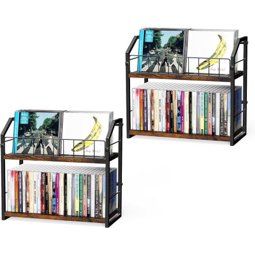 2-Tier CD Holder 2 PCS, CD Storage Shelf for Display, CD Organizer with Dispay Top Shelf, Premium CD Rack for Home, Holds Up to 120 standard, Ideal for Music Enthusiasts (Brown 2PCS)