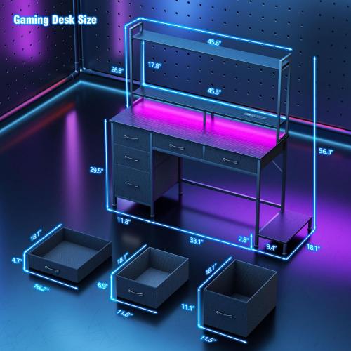 Black Computer Gaming Desk with Hutch, Home Office Desk with Power Outlets, LED Light, 5 Storage Drawers, 2 Tiers Shelves for Display, 47 Inch Modern Study Writing Table for Bedroom, Black