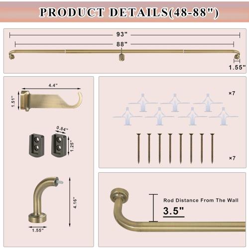 Antique Bronze Curtain Rods for Windows 48-88,1 Inch Disc Wrap Around Curtain Rod with Aluminum Finials and Brackets,No Screw Disassembly Adjustable Blackout Curved Room Darkening Curtain Rod