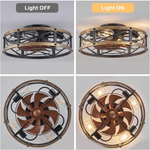 Color Brown and Black Caged Ceiling Fan with Light, Modern Fandelier Flush Mount Ceiling Fans with Lights and Remote, Farmhouse Low Profile Bladeless Ceiling Fans with Lights for Bedroom, Living Room