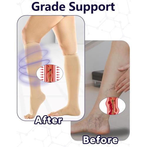 MD 2 Pairs 20-30 mmHg Medical Compression Socks for Women & Men, Knee High Open Toe Stockings, Circulation Support
