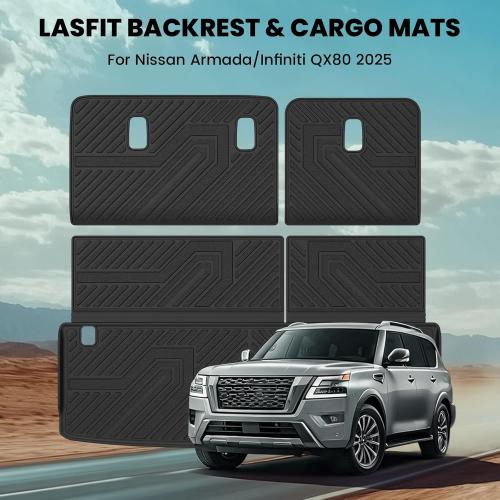 LASFIT Cargo Mat & Backrest Mats for Nissan Armada/Infiniti QX80 2025-2026 7/8 Seats, All Weather TPE Custom Fit Easy Clean Durable No-Curling Trunk Mat for Armada & QX80 2025-2026, Black