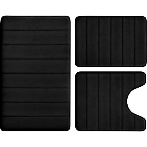 BYSURE Black Memory Foam Bathroom Rug Set 3 Piece, Non Slip Extra Soft Absorbent Washable & Dry Toilet Bath Mat Sets