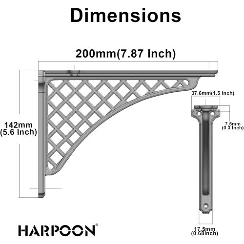 Gold 2 Pack 8 HARPOON 2 Pack Heavy Duty Cast Iron Victorian Shelf Bracket, 8 Inches Gold Baroque L-Shaped Shelf Brackets, DIY Projects, Hardware Included