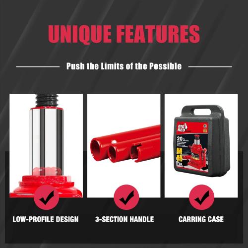 Big Red 20 Ton (40,000 lb) Low Profile Hydraulic Bottle Jack with Carrying Case，Red