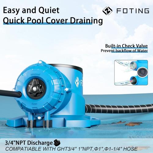 FOTING 1/3HP 2250GPH Automatic Swimming Pool Cover Pump,Submersible Water Pump, Water Removal with 3/4” Check Valve Adapter & 25ft Power Cord, Drainage for Ponds, Rooftops, Water Beds,Blue