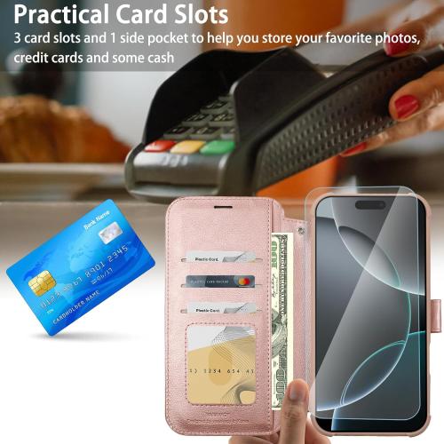 VANAVAGY Compatible for iPhone 16 Pro Max Wallet Case, PU Leather Flip Cover with Wrist Strap RFID Blocking Card Holder for Wireless Charging, [Screen Protector & Camera Cover],Rose Gold