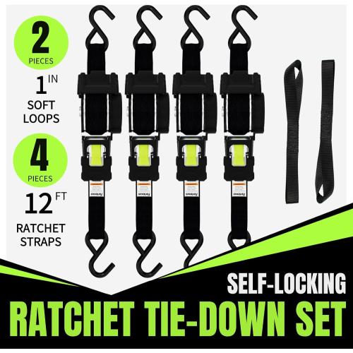 Retractable Ratchet Straps, 4-Pack, 1 Inch x 12 Feet, 1,760lb Break Strength, Self Retracting Tie Down for Truck, Cargo Trailer, Motorcycle, ATV, UTV (Black, 4pack)