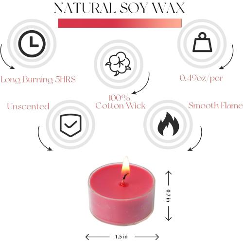 12 Unscented Natural Soy Tealight Candles in Clear Cups, 5H Long Clean Burning, Hand-Poured Red Mini Tea Candle Set for Parties, Spa, Meditation, Gift, Holiday, Emergency, Home Decor