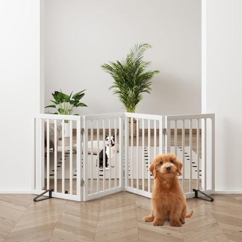 Size 37-74 Color White  Wide Dog Gate 4 Panel Dog Gates for Stair Doorways House Indoor Freestanding Pet Gates for Dogs, Doogie Puppy Fences