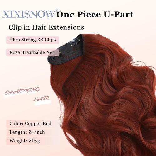 Clip In Hair Extensions One Piece 24 Inch Long Curly Synthetic Wavy Hair Extensions Clips Ins Natural Fluffy Clip On Extension Hair Pieces Thickened Hair Extension Clips for Women Copper Red
