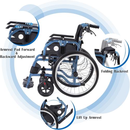 Medwarm Foldable Lightweight Wheelchairs with Handbrakes for Adults, Weights Only 30 lbs, Transport Wheelchairs with Flip Up & Height Adjust Armrest (22inch Rear Wheel)