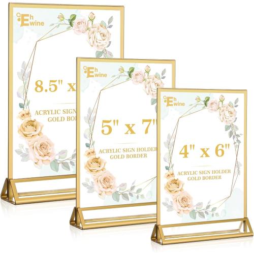 EHWINE 14 Pack 5×7 Clear Acrylic Sign Holder with Gold Borders and Vertical Stand, Double Sided Table Menu Holders Picture Frames for Wedding Table Numbers, Restaurant Signs, Photos and Art Display