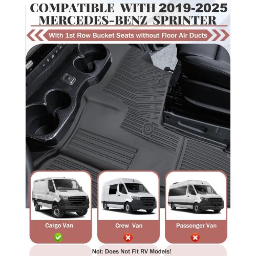 Icyhaws® Floor Mats for Mercedes Benz Sprinter 2500/3500 2019-2025 With 1st Row Bucket Seats, All-Weather TPE Rubber Car Mats, Driver & Passenger Floor Liners Accessories for Sprinter Cargo Van Models