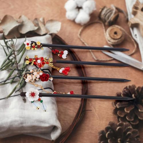 WILLBOND 6 Pcs Hair Sticks for Women Wooden Chinese Hair Chopsticks Accessories Asian Japanese Floral Stick Retro Tassel Flower Vintage Hairpins Handmade for Hairstyling Long Curly(Elegant Style)