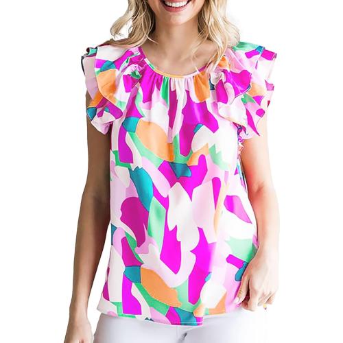 Size XL Women's Personalized Abstract Non Positioning Print Set Head Ruffle Short Sleeve Tunic