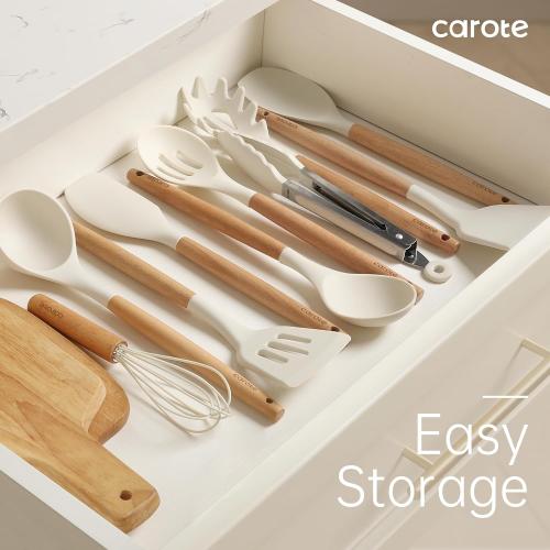 Cream White 10Pc Set CAROTE Silicone Cooking Utensils Set, Kitchen Utensils Set 10 Pcs for cooking, BPA Free Spatula Set with Heat Resistant Wood Handles for Nonstick Cookware (Cream White)