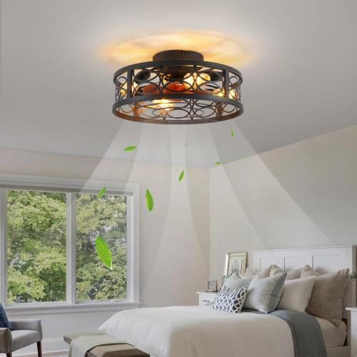 20 Caged Ceiling Fan with Light and Remote，Bladeless Ceiling Fan 6 Speed Reversible with 4 Bulbs and Remote Control.Low Profile Ceiling Fans with Lights for Bedroom, Dining Room