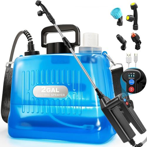 Battery Powered Sprayer 2 Gallon, Electric Weed Sprayer with 3 Adjustable Pressure Levels, 4 Nozzles & Extendable Wand, Rechargeable Garden Sprayer for Yard, Lawn, Plants & Fertilizer