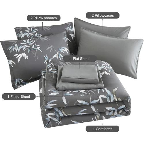 Comforter Set King Size - 7 Pieces Bed in a Bag, Bedding Set, Soft Lightweight Grey Comforter Sets with Sheets and Pillows (Grey,King)