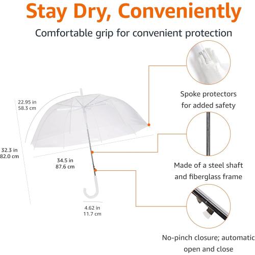 Amazon Basics Clear Umbrella for Rain, Round Bubble Umbrella for Wedding, With Wide Coverage (35 Canopy Diameter), Auto Open, Strong Fiberglass Frame, Steel Shaft, Spoke Protectors for Safety