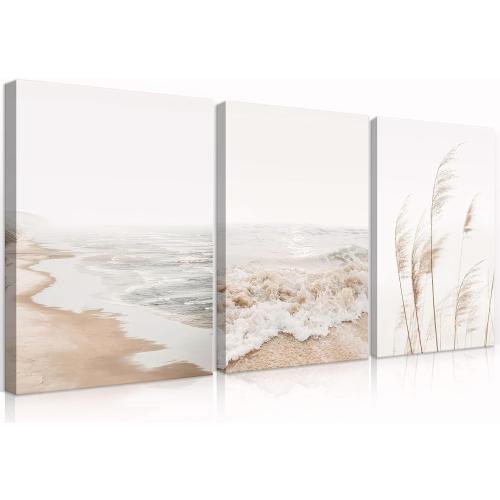 Size 12x16  Neutral Beach Coastal Canvas Wall Art Beach Boho Botanical Pampas Grass Wall Decor Minimalist Nature Landscape Pictures Painting Summer Ocean Prints Waves Artwork(12x16)