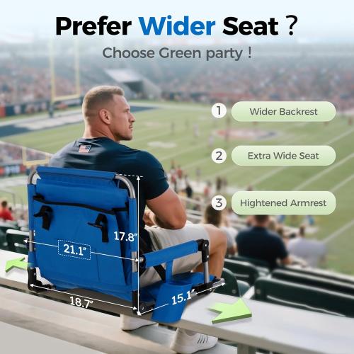 GREEN PARTY Stadium Seat for Bleachers Portable Outdoor Floor Folding Stadium Chair with Armrest, Back Support, Cup Holder, Mesh Bag and Hide Hooks
