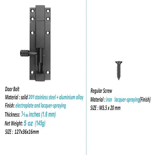 2 Pack 5 Black Aluminum Slide Bolt Gate Latch, Barrel Bolt | for Fence Shed, Barn Door