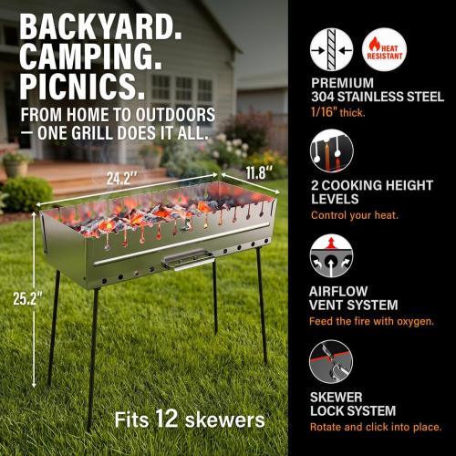 Stainless Steel Charcoal Grill for 12 Skewers – Portable BBQ 24.80×9.45×25.2 – Foldable Kabob Mangal – Heavy-Duty Rustproof Grill for Outdoor (Skewers Not Included)