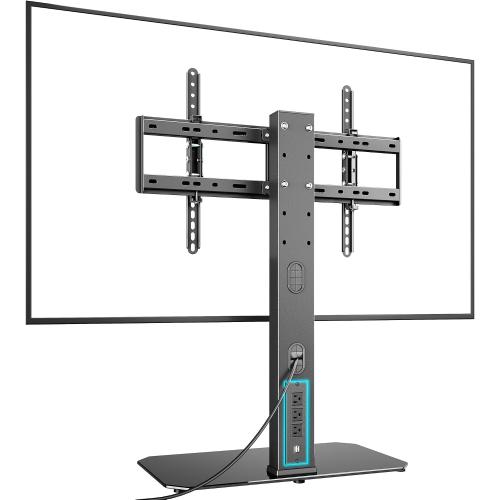 Pegzone Universal TV Stand with Power Outlet for 43-90'' TVs, Holds 154 lbs | Full-coverage Steel Column, for VESA 100x100mm to 600x400mm, Flexible Height & Angle, Tempered Glass Base, Cable Management