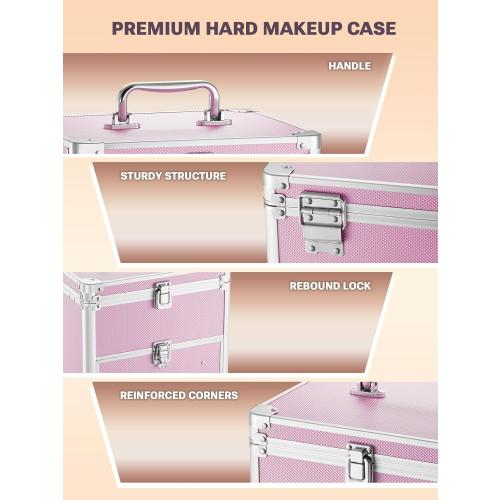 Qislee Makeup Box with Drawer and A Detachable Lighted Mirror, Waterproof Travel Train Case, Cosmetic Organizer and Makeup Suitcase with Adjustable Dividers, Magnetic LED Mirror (ICY Pink)