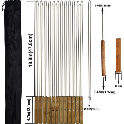 12 Pack Kebab Skewers BBQ Barbecue Skewers Stainless Steel Sticks 23.5 Inch Heavy Duty Large Wide Reusable with Nonslip Wooden Handle Ideal for Shish Kabob Chicken Shrimp and Vegetables