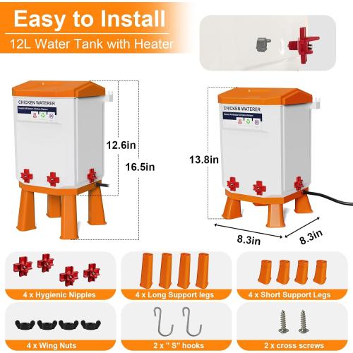 Heated Chicken Waterer 3.2 Gallon, Chicken Water Heater for Winter, Freeze Proof Chicken Waterer, 4 Nipples for Clean Water，Detachable Legs, Adjustable Height for Chickens, Pigeons, Beaked Poultry