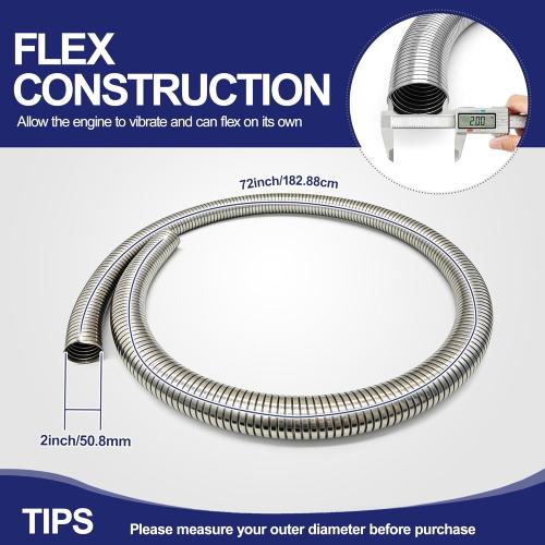 2 ID x 72 Universal Exhaust Flex Pipe, 304 Stainless Steel Flexible Exhaust Tubing