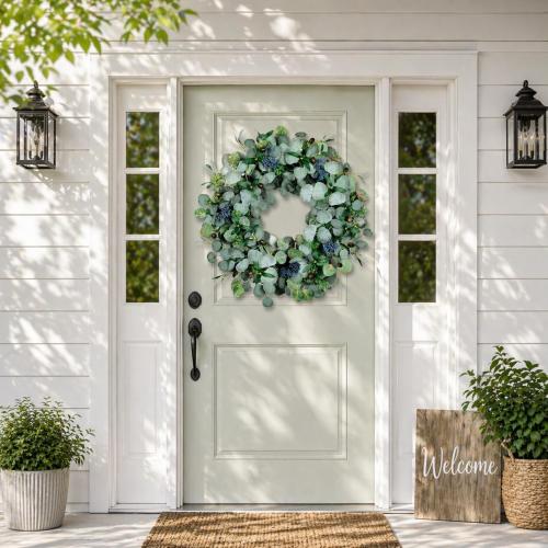 24 Inch Eucalyptus Wreath with Olive Leaves and Berries | Handmade, Waterproof, Rattan base, Lush, Artificial, for Home Outdoor Indoor Farmhouse, All Seasons